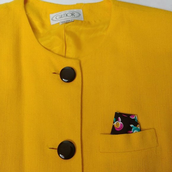 Vintage 80s Gilmor Womens 8 Blazer Button Floral Pocket Square Yellow Sunshine - Picture 2 of 12